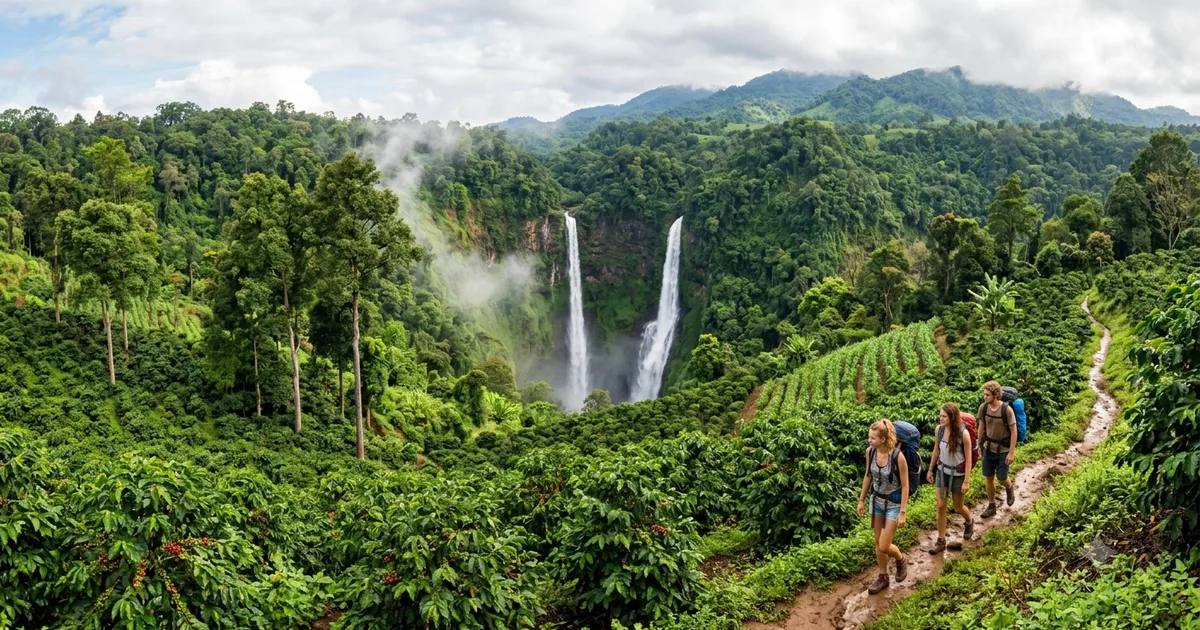 Tad Fane twin waterfalls and coffee plantations on the Bolaven Plateau, southern Laos