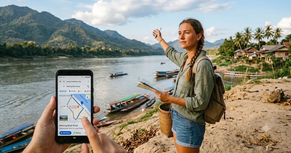 Traveller checking a phone map beside the Mekong in Laos