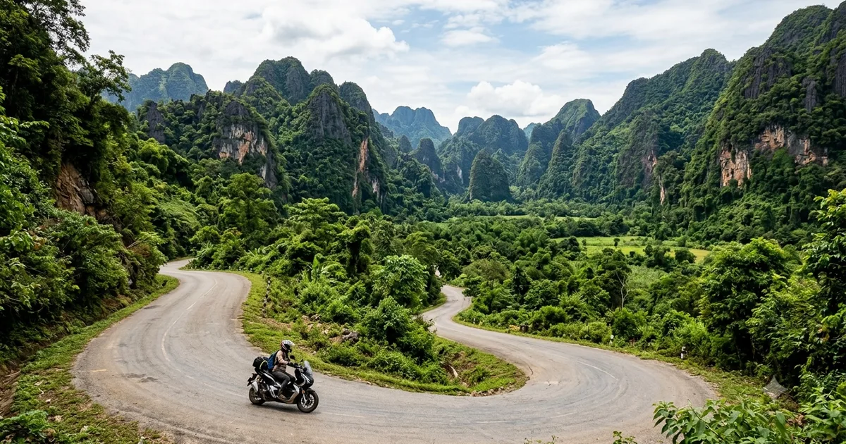 Limestone karst mountains and a winding road on the Thakhek Loop, central Laos